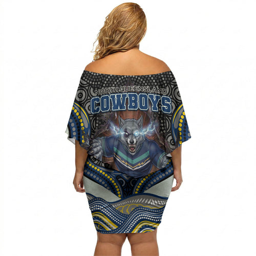 North Queensland Cowboys Off Shoulder Short Dress The Scream of Lightning Eyes - Indigenous Dot Ripping Effect