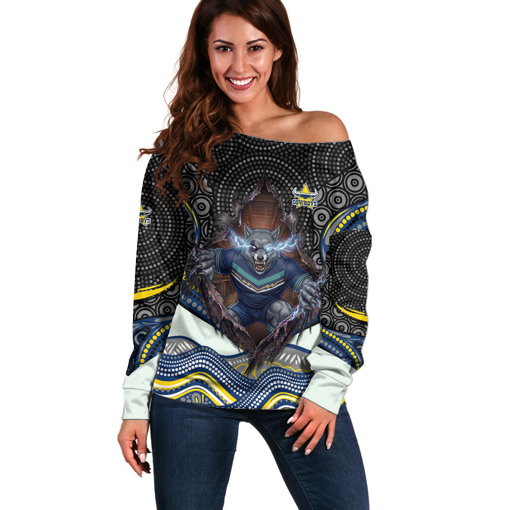 North Queensland Cowboys Off Shoulder Sweater The Scream of Lightning Eyes - Indigenous Dot Ripping Effect
