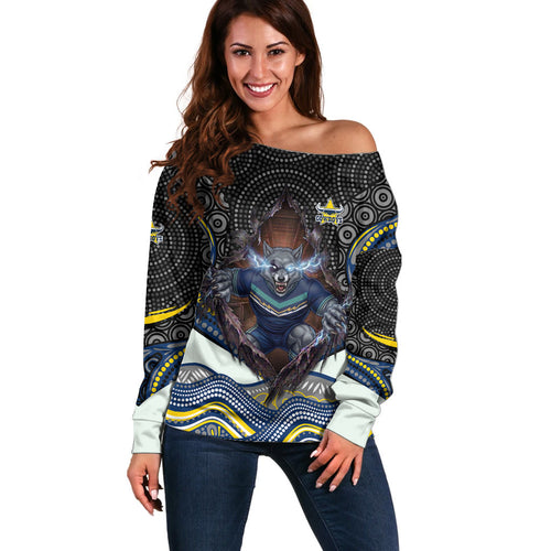 North Queensland Cowboys Off Shoulder Sweater The Scream of Lightning Eyes - Indigenous Dot Ripping Effect