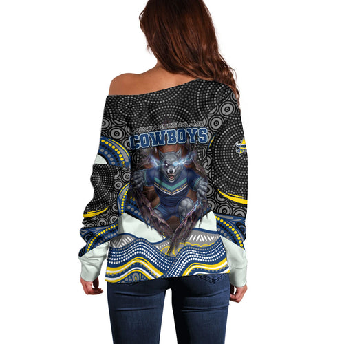 North Queensland Cowboys Off Shoulder Sweater The Scream of Lightning Eyes - Indigenous Dot Ripping Effect