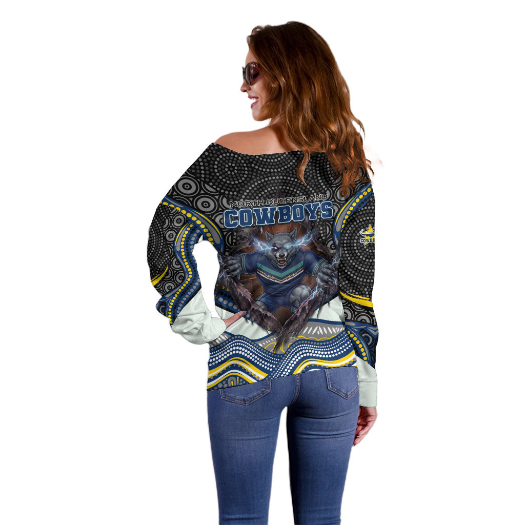 North Queensland Cowboys Off Shoulder Sweater The Scream of Lightning Eyes - Indigenous Dot Ripping Effect