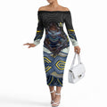 North Queensland Cowboys Off The Shoulder Long Sleeve Dress The Scream of Lightning Eyes - Indigenous Dot Ripping Effect