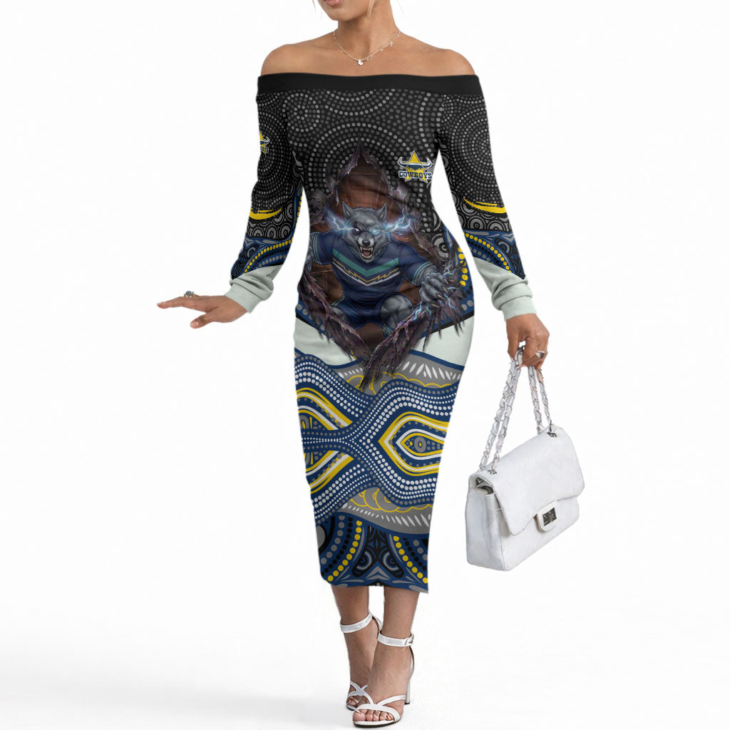 North Queensland Cowboys Off The Shoulder Long Sleeve Dress The Scream of Lightning Eyes - Indigenous Dot Ripping Effect