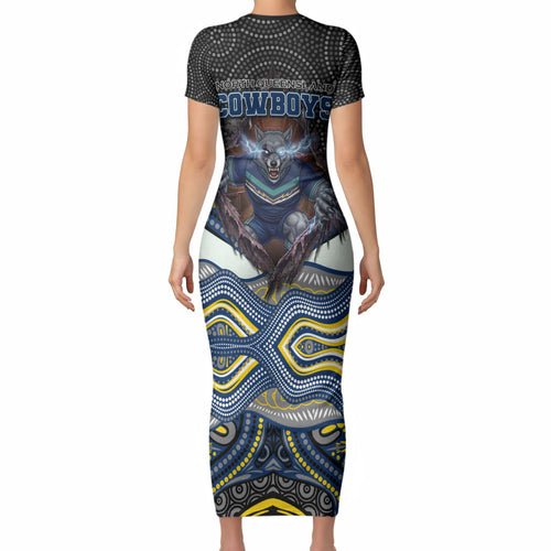 North Queensland Cowboys Short Sleeve Bodycon Dress The Scream of Lightning Eyes - Indigenous Dot Ripping Effect