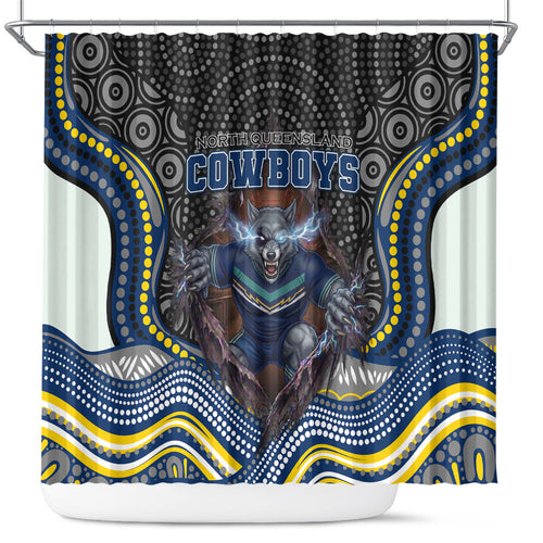 North Queensland Cowboys Shower Curtain The Scream of Lightning Eyes - Indigenous Dot Ripping Effect
