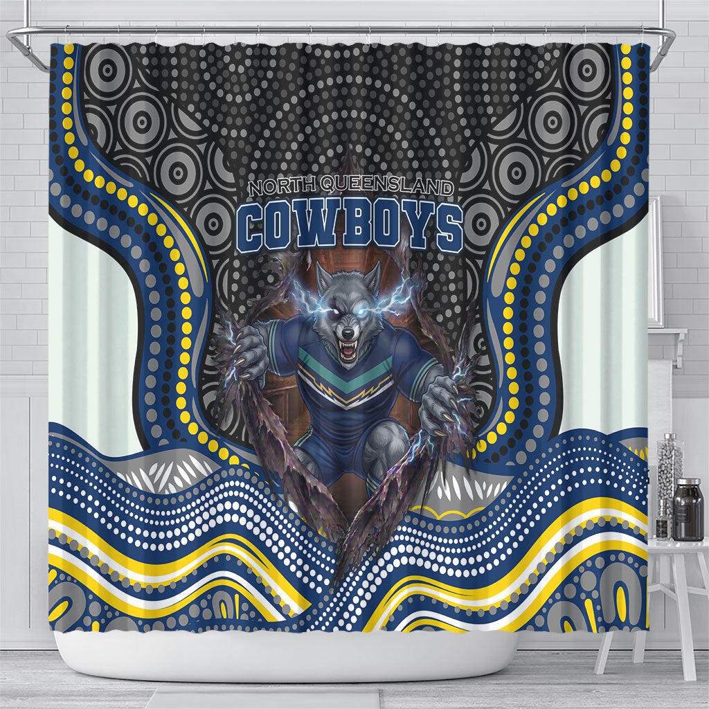 North Queensland Cowboys Shower Curtain The Scream of Lightning Eyes - Indigenous Dot Ripping Effect