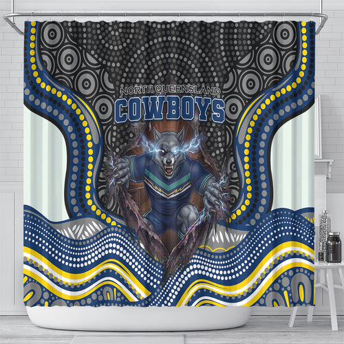 North Queensland Cowboys Shower Curtain The Scream of Lightning Eyes - Indigenous Dot Ripping Effect
