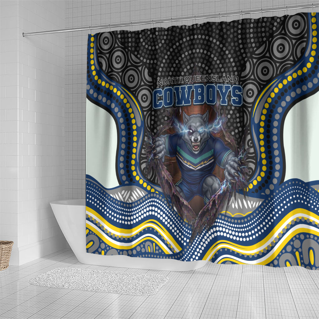 North Queensland Cowboys Shower Curtain The Scream of Lightning Eyes - Indigenous Dot Ripping Effect