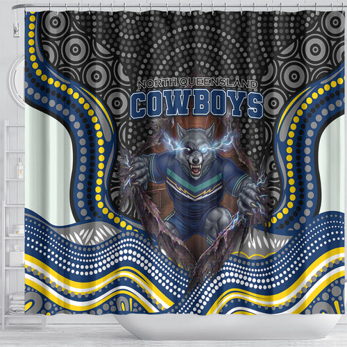 North Queensland Cowboys Shower Curtain The Scream of Lightning Eyes - Indigenous Dot Ripping Effect