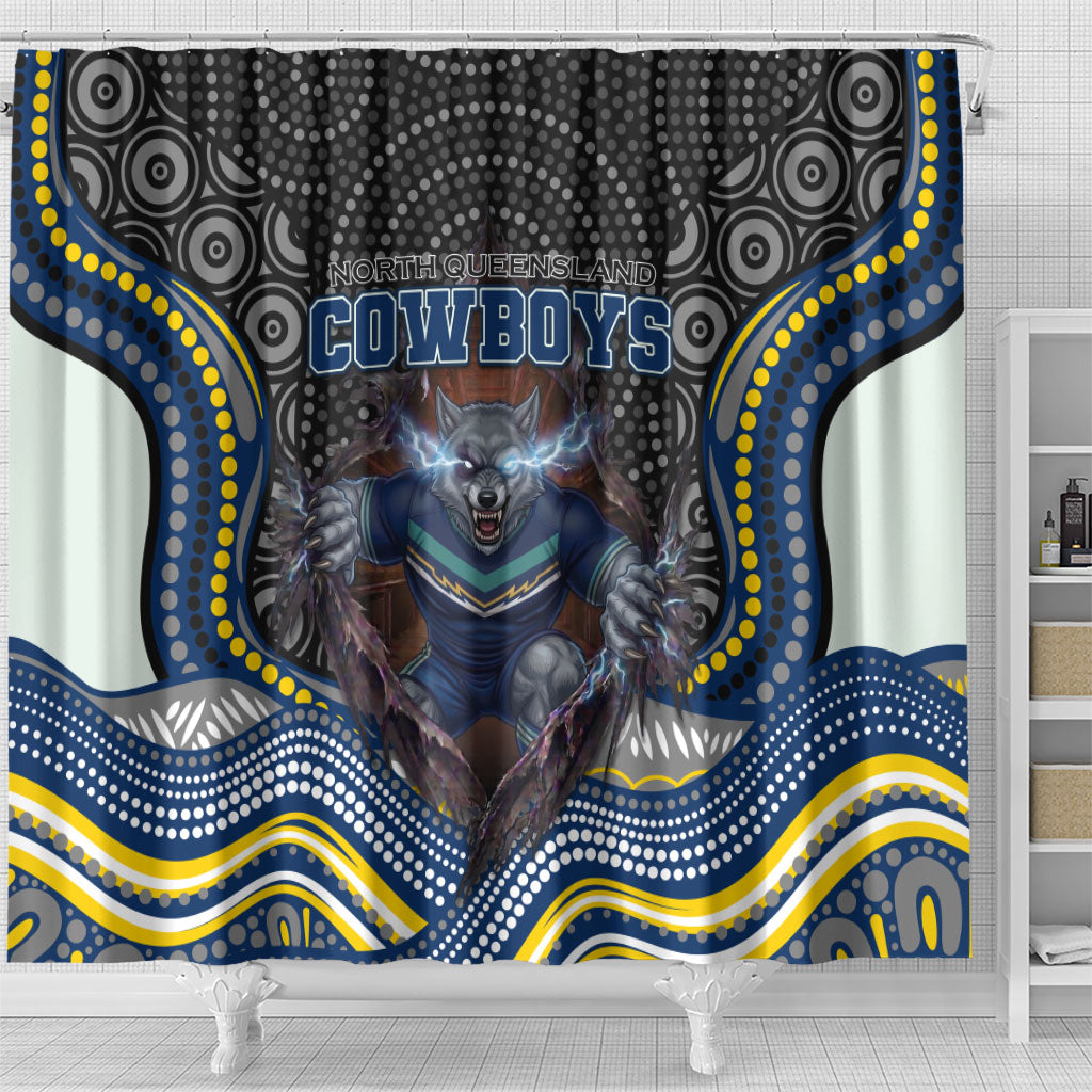 North Queensland Cowboys Shower Curtain The Scream of Lightning Eyes - Indigenous Dot Ripping Effect