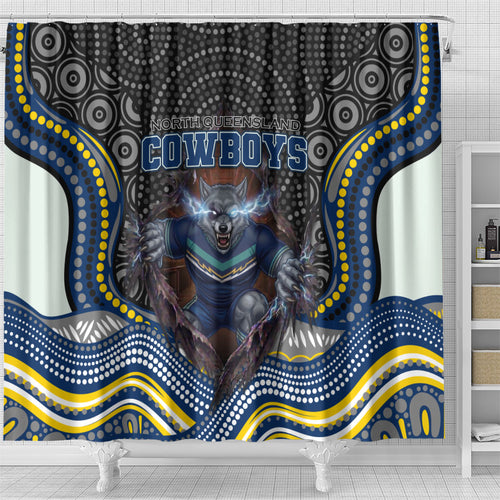 North Queensland Cowboys Shower Curtain The Scream of Lightning Eyes - Indigenous Dot Ripping Effect