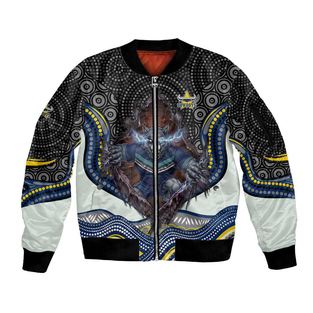 North Queensland Cowboys Sleeve Zip Bomber Jacket The Scream of Lightning Eyes - Indigenous Dot Ripping Effect