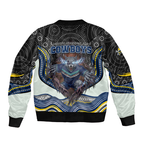 North Queensland Cowboys Sleeve Zip Bomber Jacket The Scream of Lightning Eyes - Indigenous Dot Ripping Effect