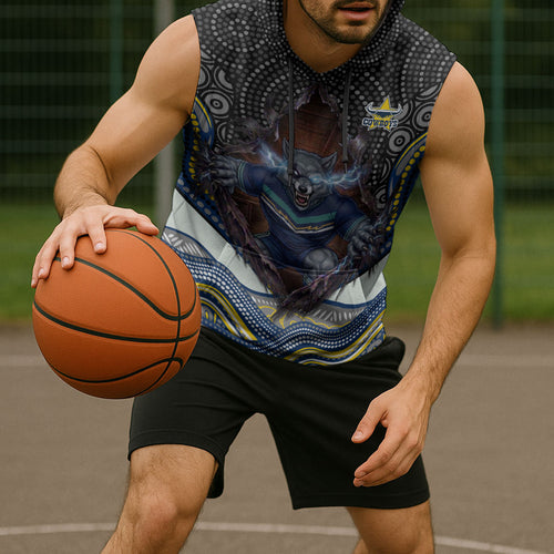 North Queensland Cowboys Sleeveless Hoodie The Scream of Lightning Eyes - Indigenous Dot Ripping Effect