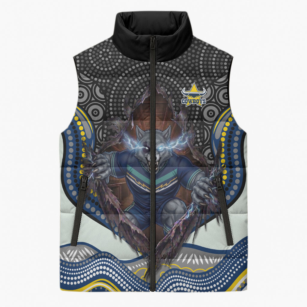 North Queensland Cowboys Sleeveless Puffer Jacket The Scream of Lightning Eyes - Indigenous Dot Ripping Effect