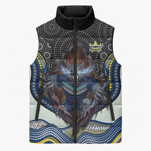 North Queensland Cowboys Sleeveless Puffer Jacket The Scream of Lightning Eyes - Indigenous Dot Ripping Effect