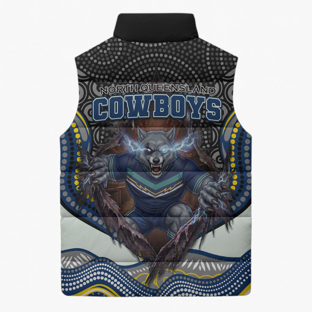 North Queensland Cowboys Sleeveless Puffer Jacket The Scream of Lightning Eyes - Indigenous Dot Ripping Effect
