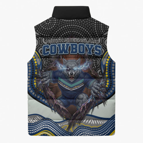 North Queensland Cowboys Sleeveless Puffer Jacket The Scream of Lightning Eyes - Indigenous Dot Ripping Effect