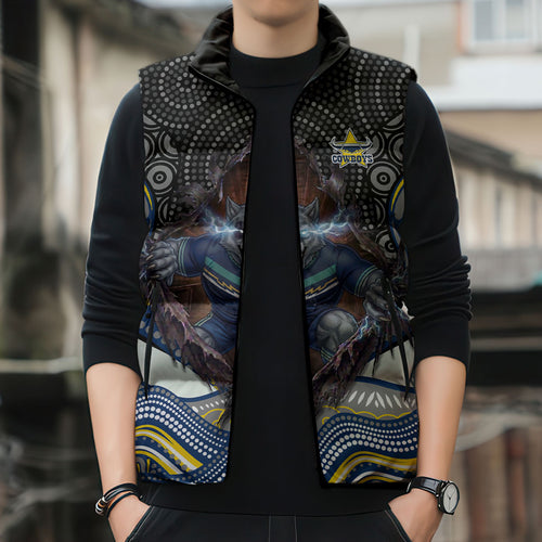 North Queensland Cowboys Sleeveless Puffer Jacket The Scream of Lightning Eyes - Indigenous Dot Ripping Effect