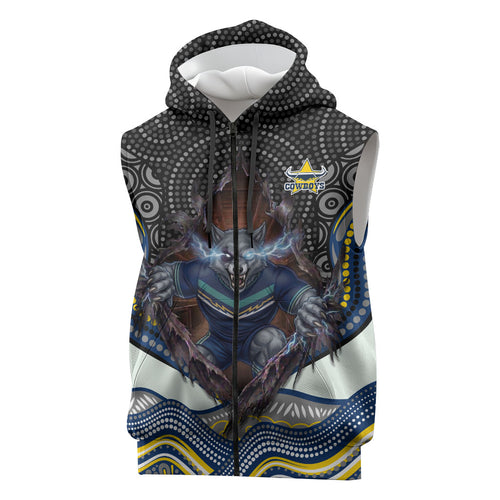 North Queensland Cowboys Sleeveless Zip Hoodie The Scream of Lightning Eyes - Indigenous Dot Ripping Effect