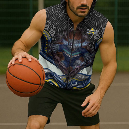 North Queensland Cowboys Sleeveless Zip Hoodie The Scream of Lightning Eyes - Indigenous Dot Ripping Effect