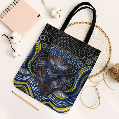 North Queensland Cowboys Tote Bag The Scream of Lightning Eyes - Indigenous Dot Ripping Effect