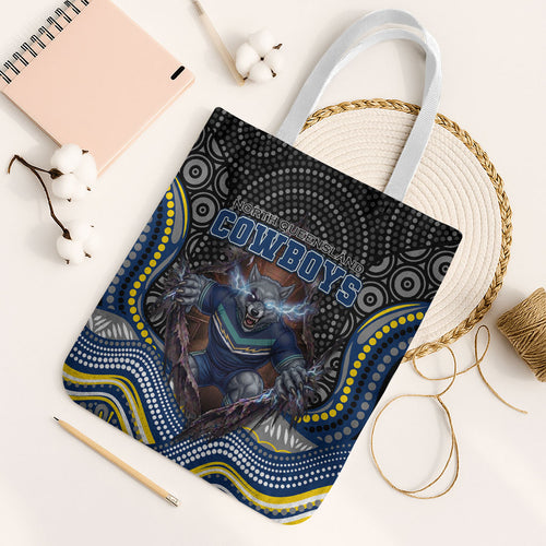 North Queensland Cowboys Tote Bag The Scream of Lightning Eyes - Indigenous Dot Ripping Effect