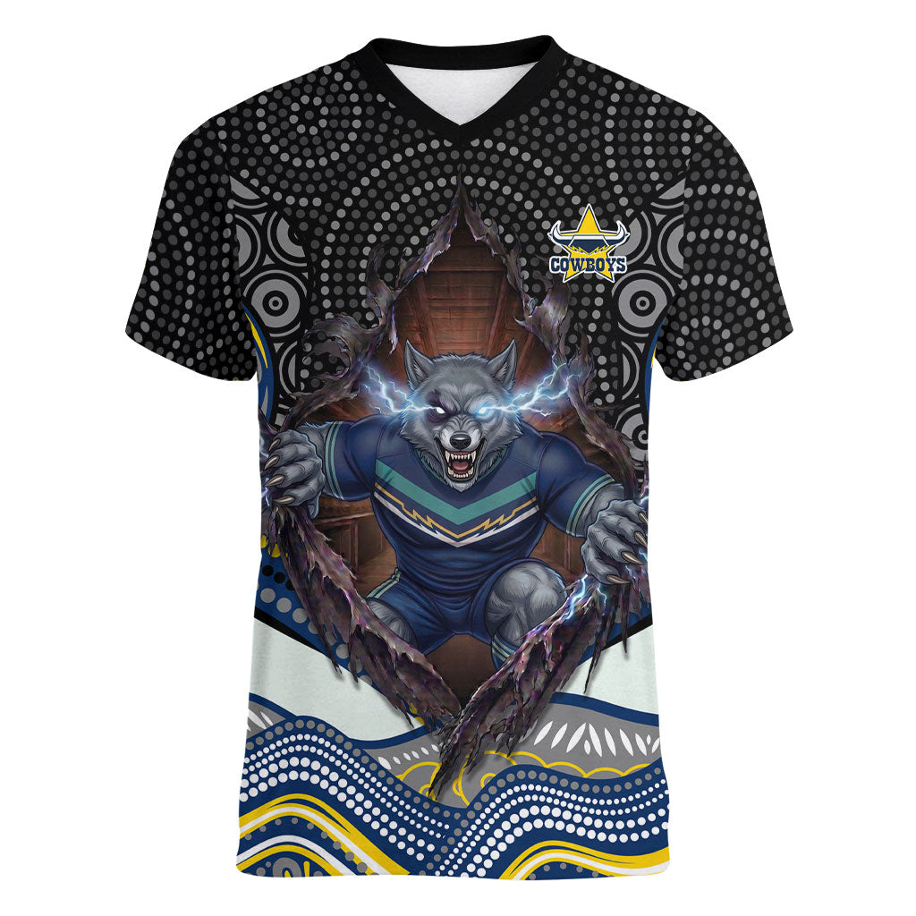 North Queensland Cowboys Women V-Neck T-Shirt The Scream of Lightning Eyes - Indigenous Dot Ripping Effect