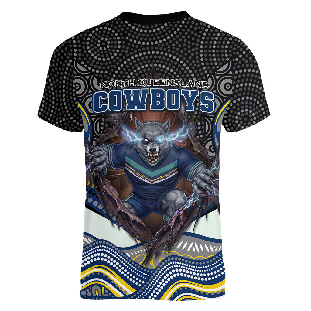 North Queensland Cowboys Women V-Neck T-Shirt The Scream of Lightning Eyes - Indigenous Dot Ripping Effect