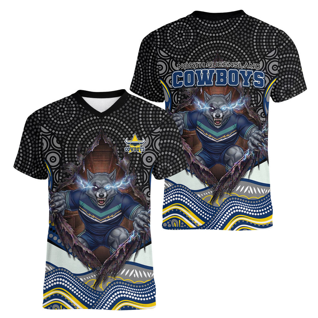 North Queensland Cowboys Women V-Neck T-Shirt The Scream of Lightning Eyes - Indigenous Dot Ripping Effect
