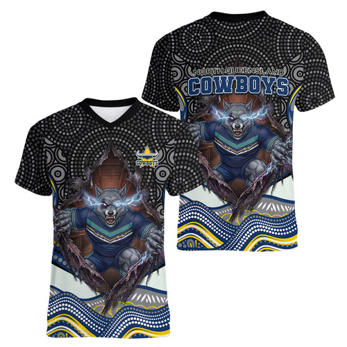 North Queensland Cowboys Women V-Neck T-Shirt The Scream of Lightning Eyes - Indigenous Dot Ripping Effect
