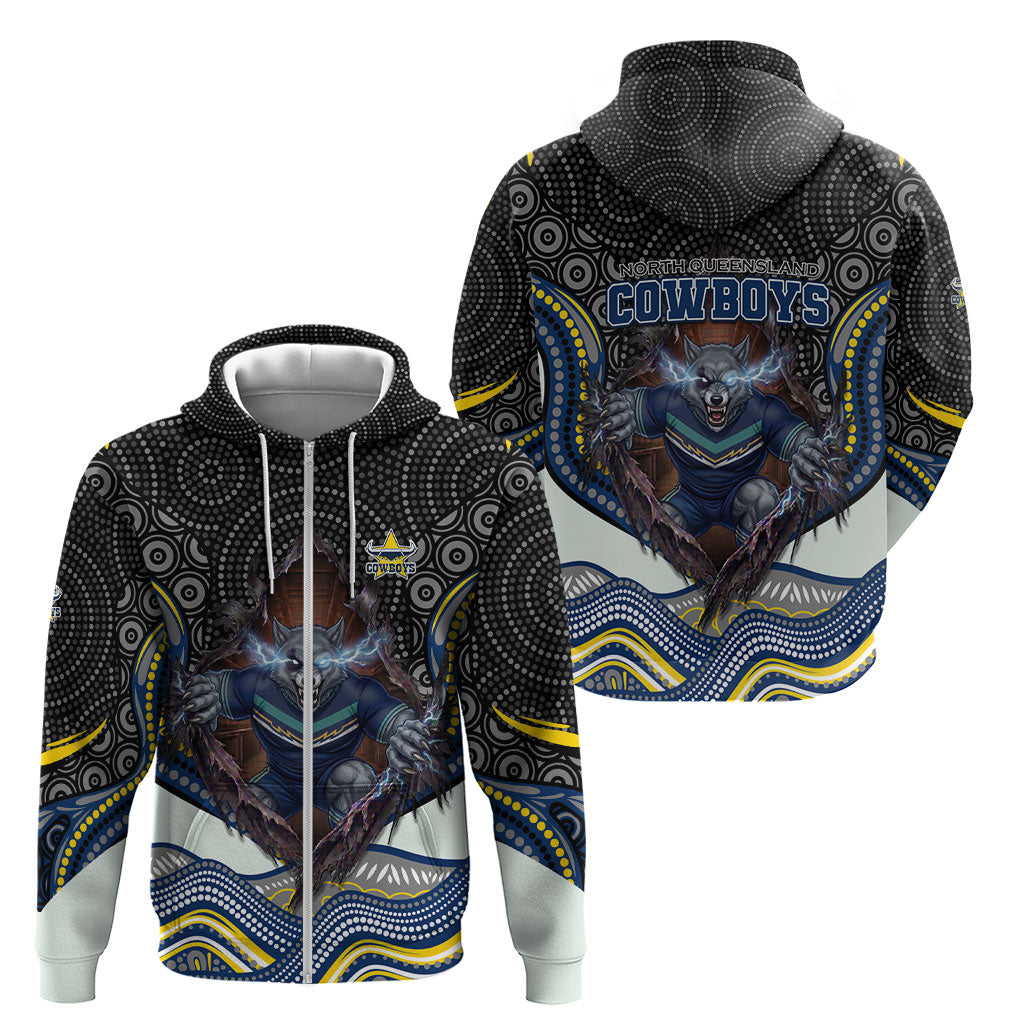 North Queensland Cowboys Zip Hoodie The Scream of Lightning Eyes - Indigenous Dot Ripping Effect