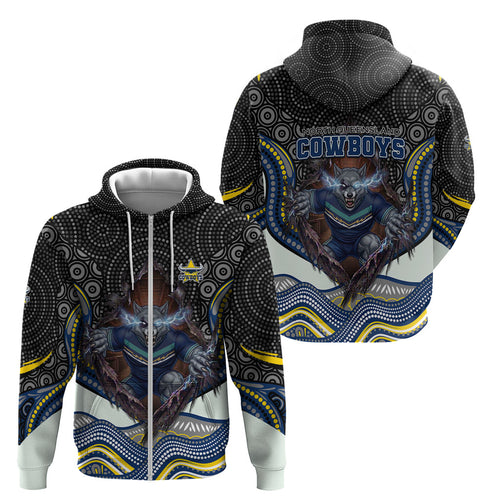 North Queensland Cowboys Zip Hoodie The Scream of Lightning Eyes - Indigenous Dot Ripping Effect