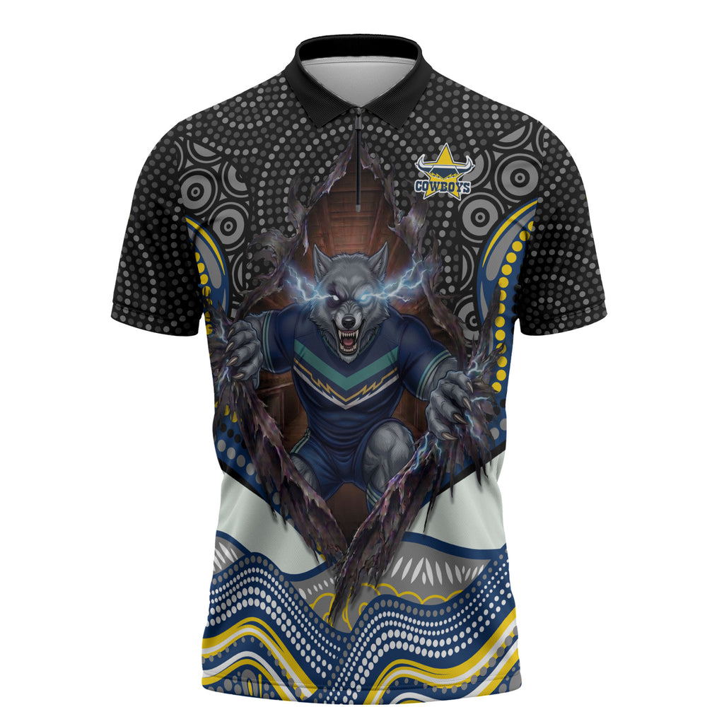North Queensland Cowboys Zipper Polo Shirt The Scream of Lightning Eyes - Indigenous Dot Ripping Effect