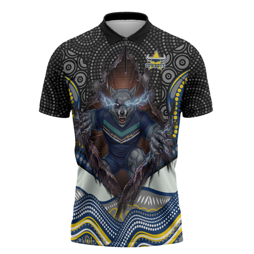 North Queensland Cowboys Zipper Polo Shirt The Scream of Lightning Eyes - Indigenous Dot Ripping Effect