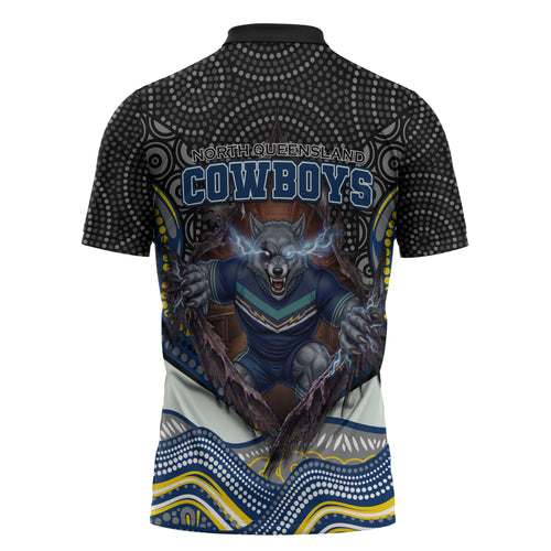 North Queensland Cowboys Zipper Polo Shirt The Scream of Lightning Eyes - Indigenous Dot Ripping Effect