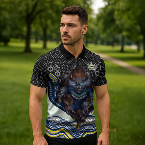 North Queensland Cowboys Zipper Polo Shirt The Scream of Lightning Eyes - Indigenous Dot Ripping Effect