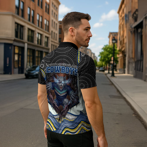 North Queensland Cowboys Zipper Polo Shirt The Scream of Lightning Eyes - Indigenous Dot Ripping Effect