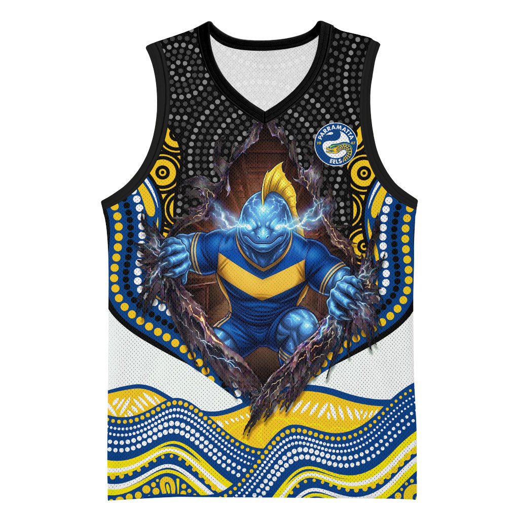 Parramatta Eels Basketball Jersey The Scream of Lightning Eyes - Indigenous Dot Ripping Effect