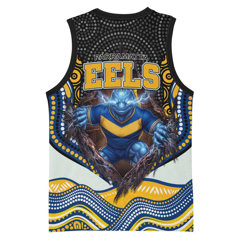 Parramatta Eels Basketball Jersey The Scream of Lightning Eyes - Indigenous Dot Ripping Effect