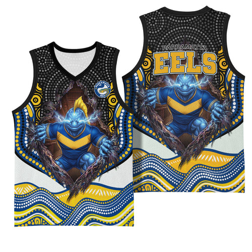 Parramatta Eels Basketball Jersey The Scream of Lightning Eyes - Indigenous Dot Ripping Effect