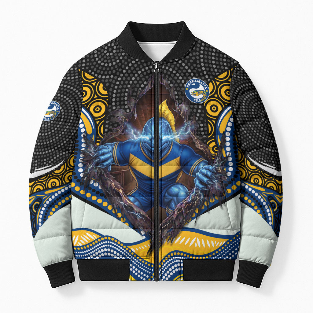 Parramatta Eels Bomber Puffer Jacket The Scream of Lightning Eyes - Indigenous Dot Ripping Effect
