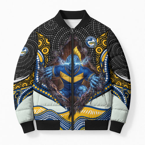 Parramatta Eels Bomber Puffer Jacket The Scream of Lightning Eyes - Indigenous Dot Ripping Effect