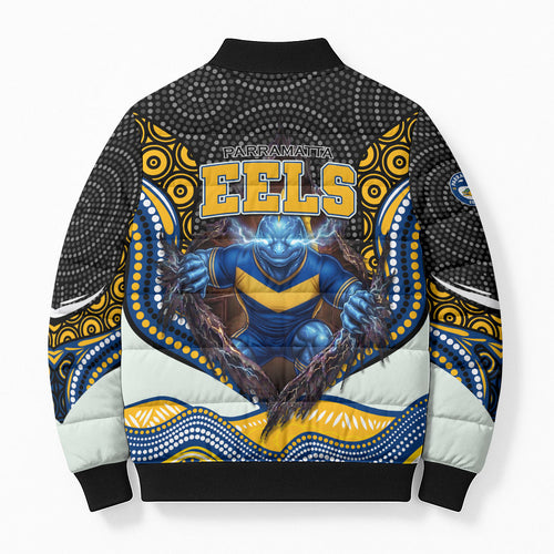 Parramatta Eels Bomber Puffer Jacket The Scream of Lightning Eyes - Indigenous Dot Ripping Effect
