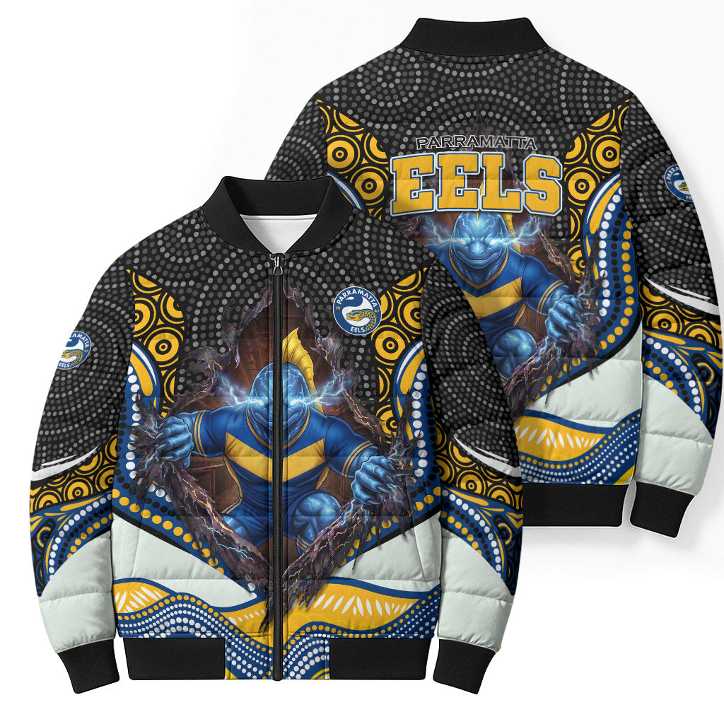 Parramatta Eels Bomber Puffer Jacket The Scream of Lightning Eyes - Indigenous Dot Ripping Effect