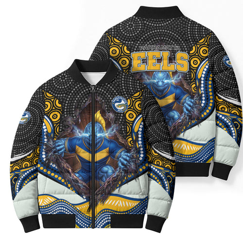 Parramatta Eels Bomber Puffer Jacket The Scream of Lightning Eyes - Indigenous Dot Ripping Effect