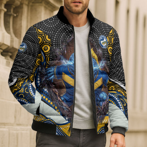 Parramatta Eels Bomber Puffer Jacket The Scream of Lightning Eyes - Indigenous Dot Ripping Effect