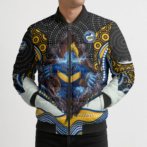 Parramatta Eels Bomber Puffer Jacket The Scream of Lightning Eyes - Indigenous Dot Ripping Effect