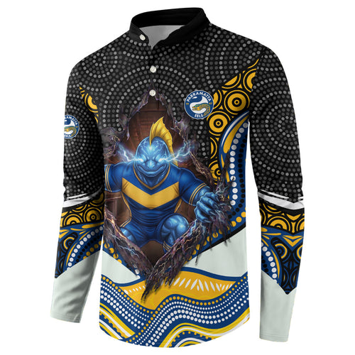 Parramatta Eels Button Sweatshirt The Scream of Lightning Eyes - Indigenous Dot Ripping Effect