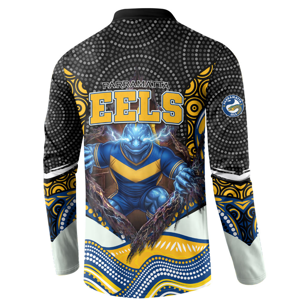 Parramatta Eels Button Sweatshirt The Scream of Lightning Eyes - Indigenous Dot Ripping Effect